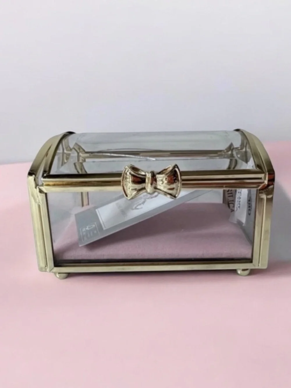 Gold trim and Glass Jewelry Box vintage style pink cushion